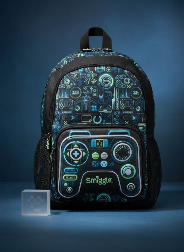 Black_Polyester_Gaming_Controller_Print_School_Backpack_For_Kids