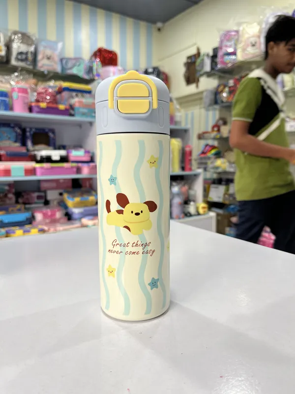 White_Stainless_Steel_Cartoon_Dog_Print_Insulated_Water_Bottle_For_Kids