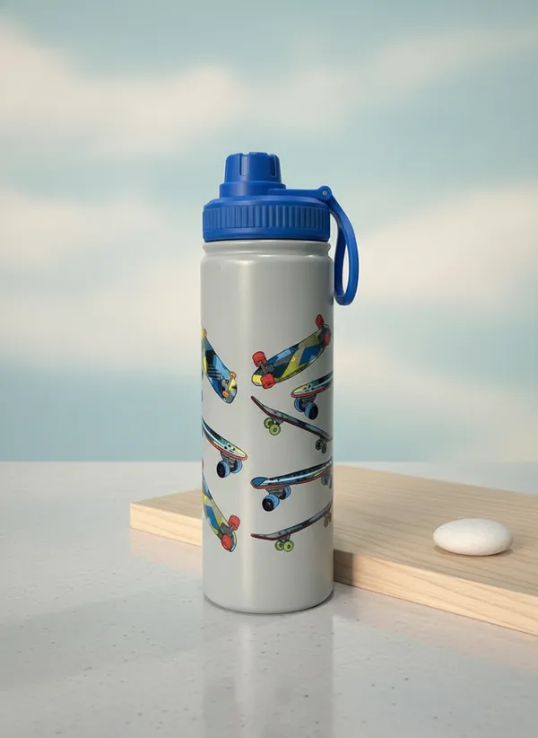 White_&_Blue_Plastic_Skateboard_Print_Water_Bottle_For_Kids