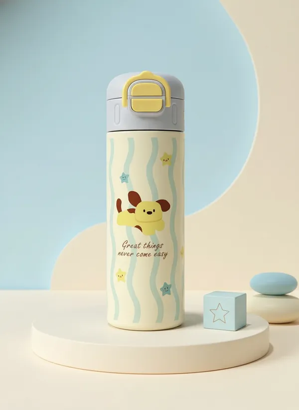 White_Stainless_Steel_Cartoon_Dog_Print_Insulated_Water_Bottle_For_Kids