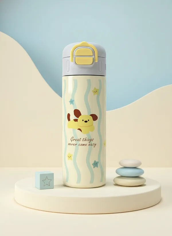 White_Stainless_Steel_Cartoon_Dog_Print_Insulated_Water_Bottle_For_Kids