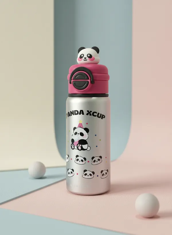 Panda_Theme_Stainless_Steel_Water_Bottle_With_Pink_Lid