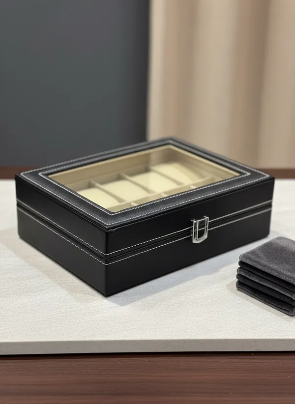 Premium_10-Slot_Watch_Display_Case_With_Glass_Top_-_Black_Leather_Finish