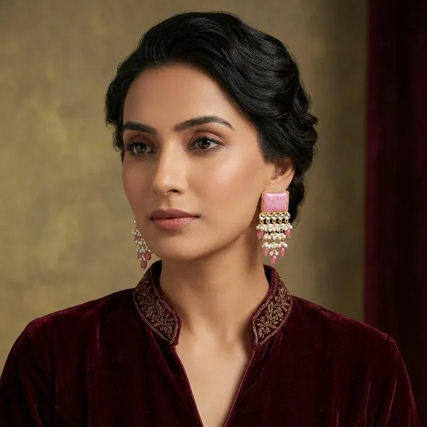 Pink_Stone_And_Pearl_Chandelier_Earrings_With_Gold_Finish