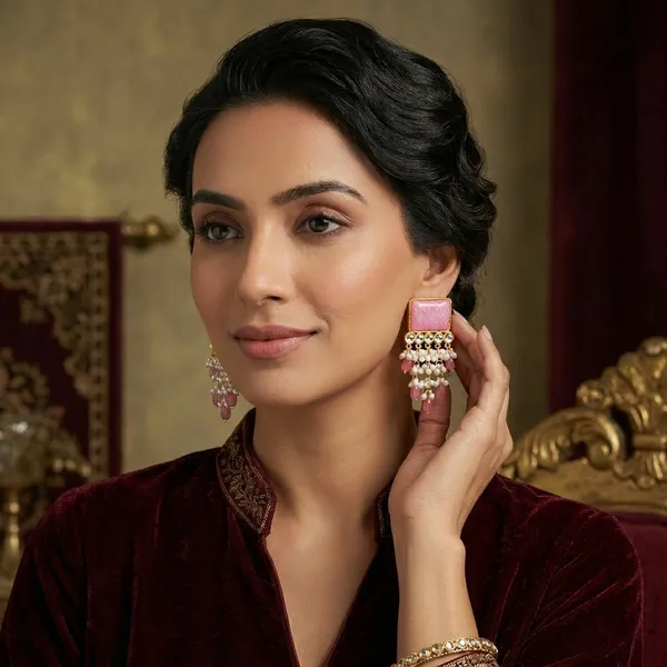 Pink_Stone_And_Pearl_Chandelier_Earrings_With_Gold_Finish