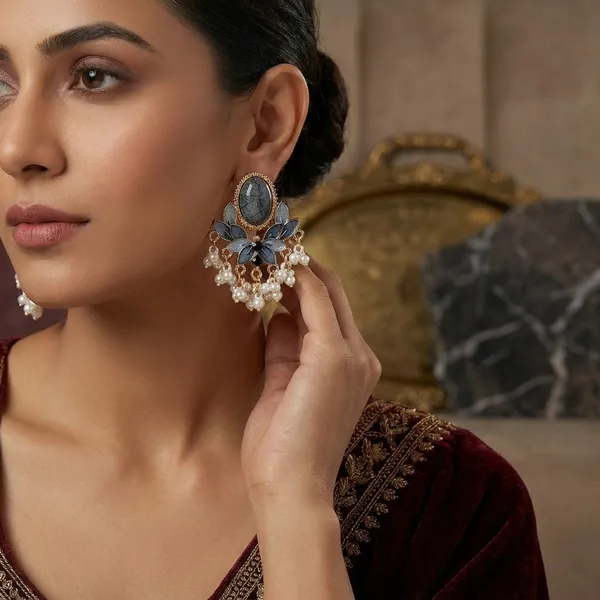 Elegant_Blue_Floral_Drop_Earrings_With_Pearl_Danglers