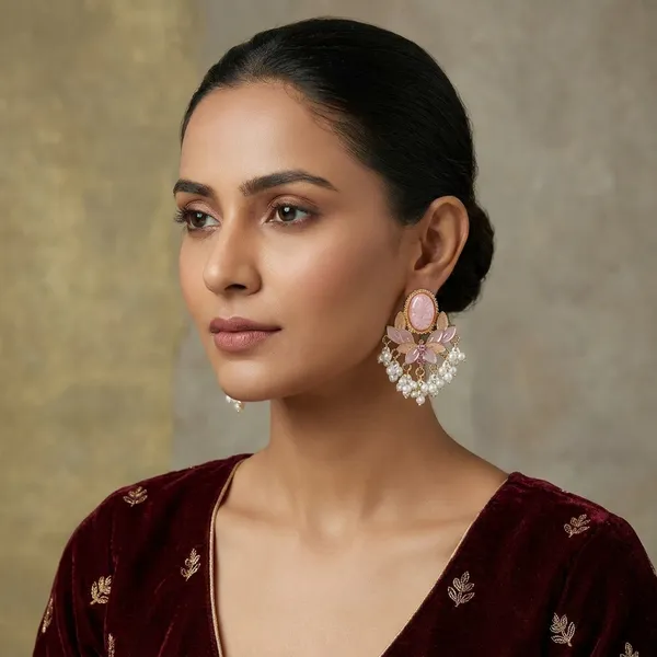 Pink_Stone_Floral_Earrings_With_Pearl_Drops