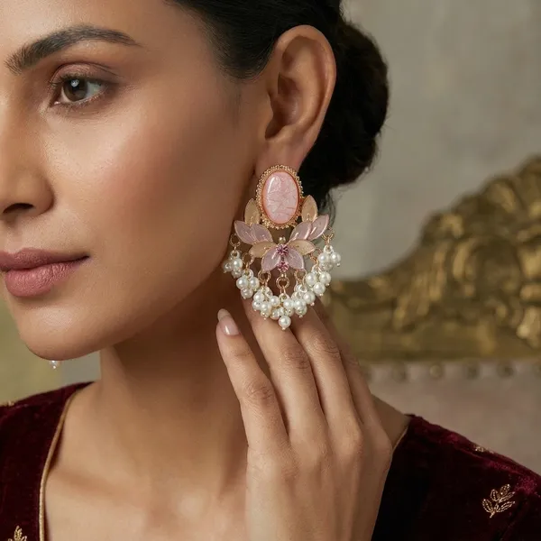 Pink_Stone_Floral_Earrings_With_Pearl_Drops