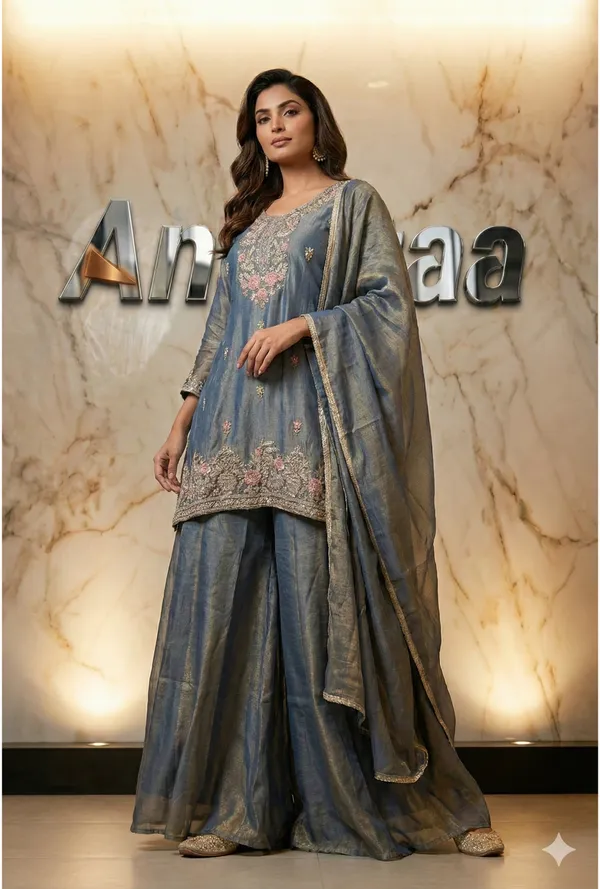 Tissue_Silk_Short_Kurti_Palazzo_Sharara_Set_With_Embroidered_Neckline_And_Dupatta_Designer_Festive_Party_And_Wedding_Wear_Outfit