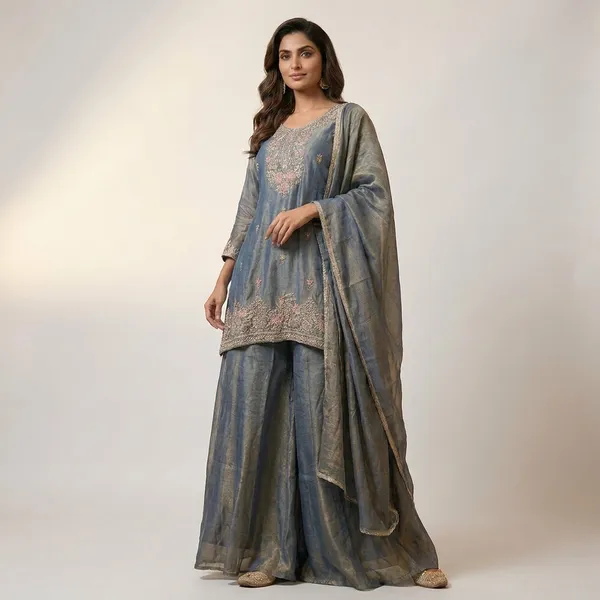 Tissue_Silk_Short_Kurti_Palazzo_Sharara_Set_With_Embroidered_Neckline_And_Dupatta_Designer_Festive_Party_And_Wedding_Wear_Outfit