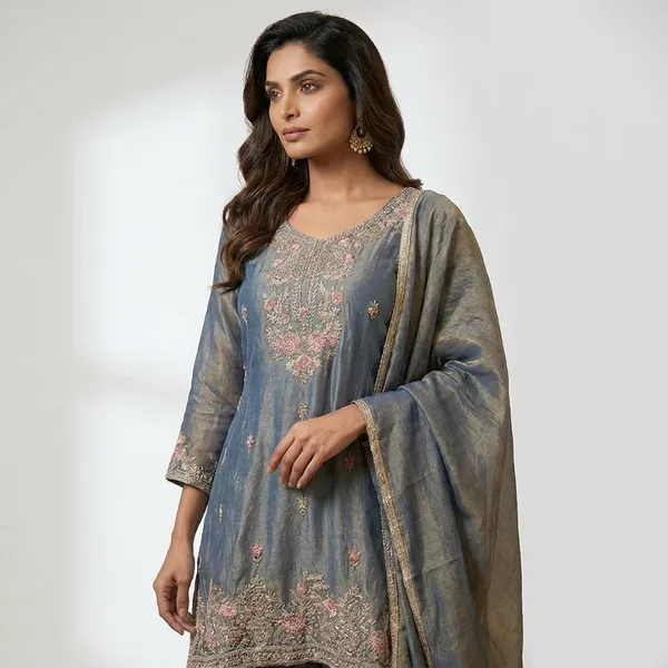 Tissue_Silk_Short_Kurti_Palazzo_Sharara_Set_With_Embroidered_Neckline_And_Dupatta_Designer_Festive_Party_And_Wedding_Wear_Outfit