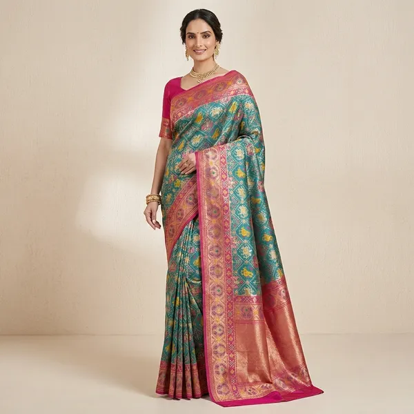 Banarasi_Silk_Saree_With_Gold_Zari_Geometric_Jaal_Weaving__Royal_Wedding_And_Festive_Wear_In_Blue_Purple_Red_And_Rani_Pink