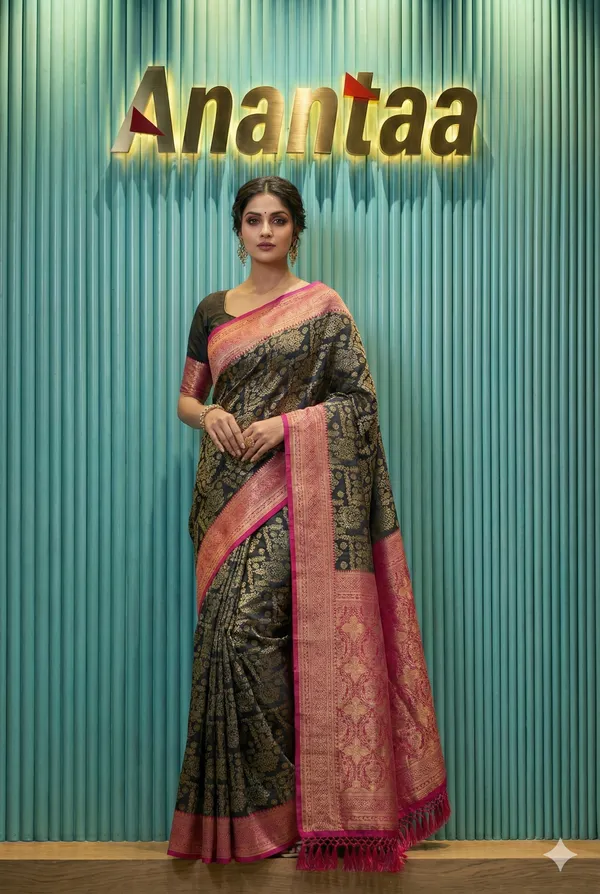 Banarasi_Silk_Saree_With_Gold_Zari_Motifs_And_Contrast_Pink_Border__Designer_Wedding_Festive_And_Traditional_Wear_Saree