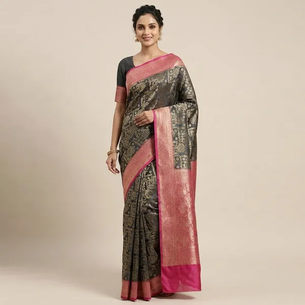 Banarasi_Silk_Saree_With_Gold_Zari_Motifs_And_Contrast_Pink_Border__Designer_Wedding_Festive_And_Traditional_Wear_Saree
