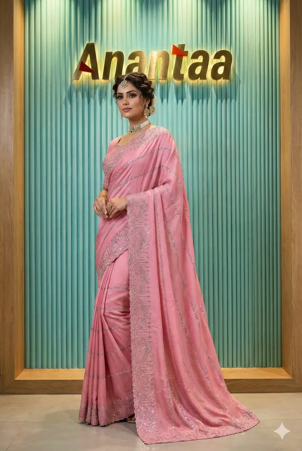 Elegant_Crepe_Silk_Party_Wear_Saree_With_Shimmer_Detailing_And_Designer_Embellished_Border__Evening_Wedding_And_Festive_Wear_Saree