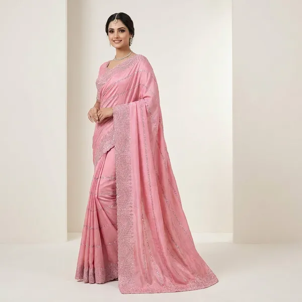 Elegant_Crepe_Silk_Party_Wear_Saree_With_Shimmer_Detailing_And_Designer_Embellished_Border__Evening_Wedding_And_Festive_Wear_Saree