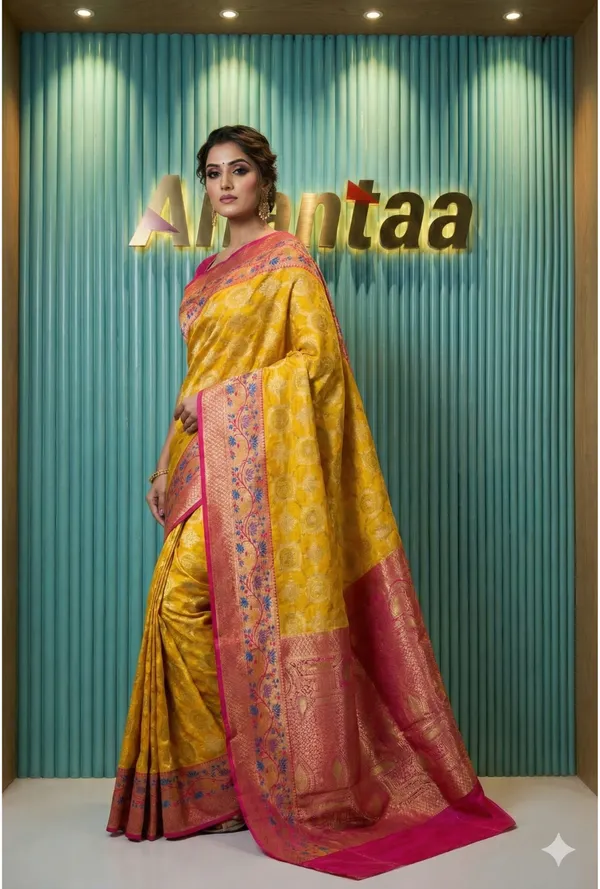 Banarasi_Silk_Saree_With_Gold_Zari_Motifs_And_Teal_Blue_Contrast_Border__Designer_Wedding_And_Festive_Wear_Saree
