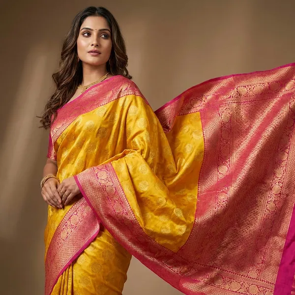 Banarasi_Silk_Saree_With_Gold_Zari_Motifs_And_Teal_Blue_Contrast_Border__Designer_Wedding_And_Festive_Wear_Saree