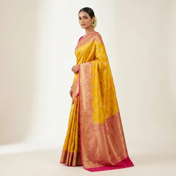 Banarasi_Silk_Saree_With_Gold_Zari_Motifs_And_Teal_Blue_Contrast_Border__Designer_Wedding_And_Festive_Wear_Saree