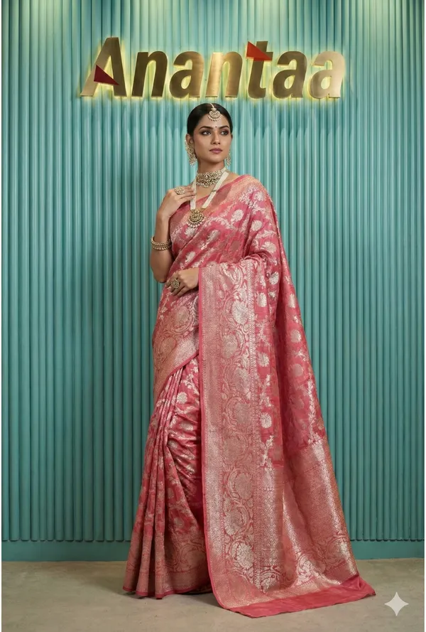 Deep_Pink_Banarasi_Silk_Saree_With_Antique_Gold_Zari_Motifs_And_Teal_Blue_Contrast_Border__Designer_Wedding_Bridal_And_Festive_Wear_Saree