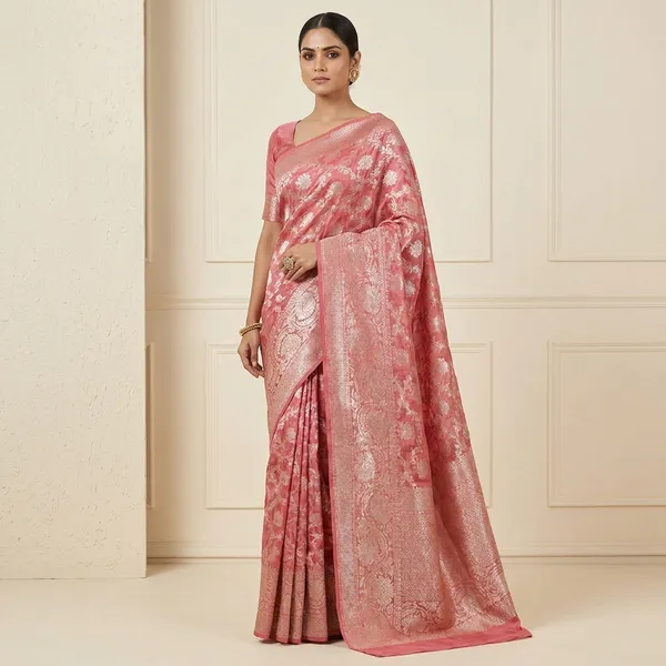 Deep_Pink_Banarasi_Silk_Saree_With_Antique_Gold_Zari_Motifs_And_Teal_Blue_Contrast_Border__Designer_Wedding_Bridal_And_Festive_Wear_Saree