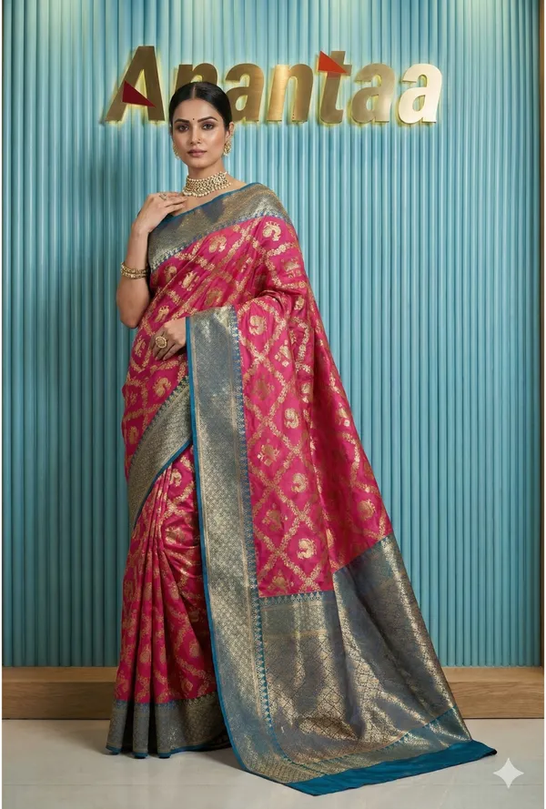 Silk_Saree_With_Gold_Zari_Motifs_And_Teal_Blue_Contrast_Border__Designer_Wedding_Festive_And_Traditional_Wear_Saree