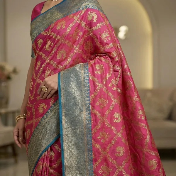 Silk_Saree_With_Gold_Zari_Motifs_And_Teal_Blue_Contrast_Border__Designer_Wedding_Festive_And_Traditional_Wear_Saree