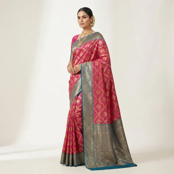 Silk_Saree_With_Gold_Zari_Motifs_And_Teal_Blue_Contrast_Border__Designer_Wedding_Festive_And_Traditional_Wear_Saree