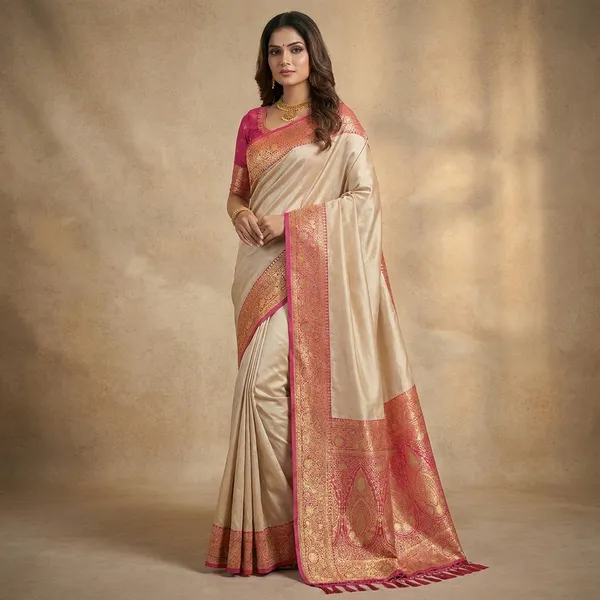 Silk_Saree_With_Grand_Woven_Border_And_Rich_Designer_Pallu__Elegant_Wedding_Reception_And_Festive_Wear_Saree_With_Blouse_Piece