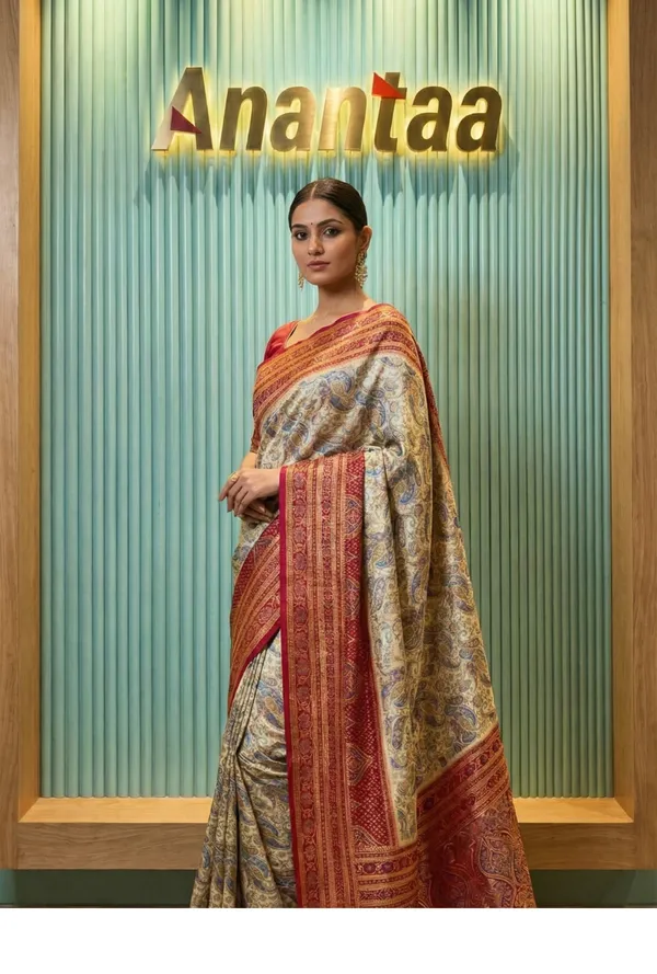 Satin_Silk_Position_Print_Saree_With_Ornamental_Motifs_And_Antique_Gold_Accents__Designer_Festive_Wedding_And_Ceremonial_Wear_Saree