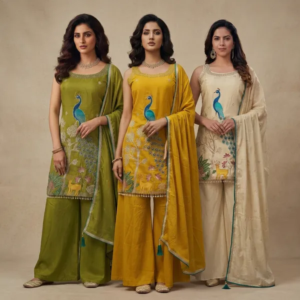 Three_Color_Indo_Western_Short_Top_Palazzo_Set_With_Peacock_Embroidery_Designer_Festive_Wedding_And_Contemporary_Ethnic_Wear_Outfit