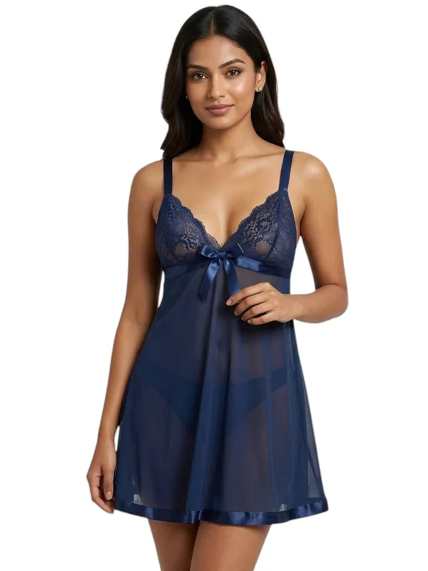 Navy_Blue_Satin_Premium_And_Fancy_Design_Babydoll_Dress_For_Women