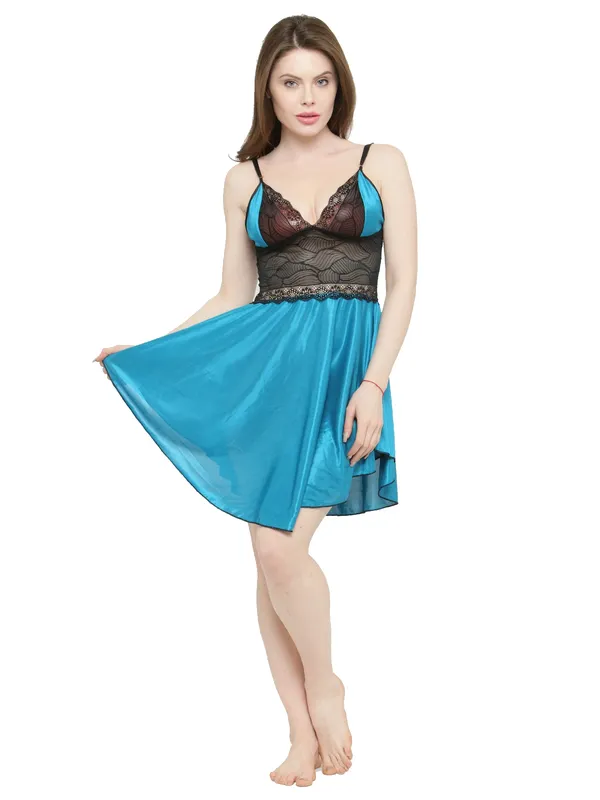 Turquoise_Blue_And_Black_Satin_Premium_And_Fancy_Design_Babydoll_Nightdress_For_Women