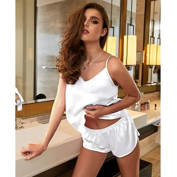 White_Satin_Premium_And_Fancy_Design_Camisole_And_Shorts_Set_For_Women