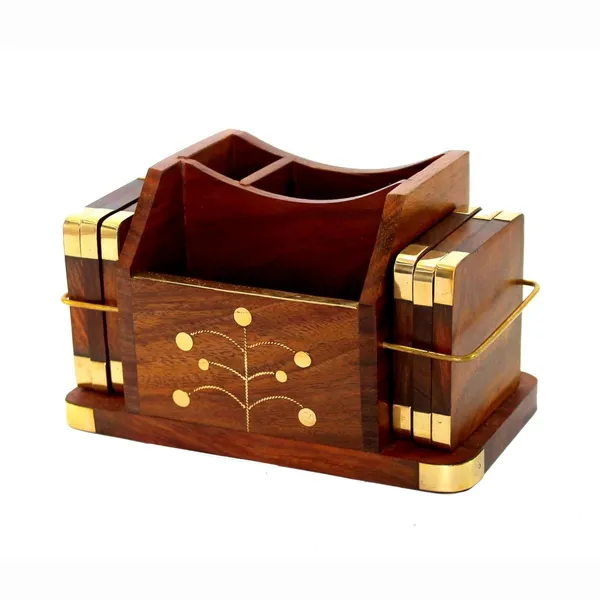 Sheesham_Wood_Brass_Inlay_Floral_Multi-Compartment_Pen_Holder