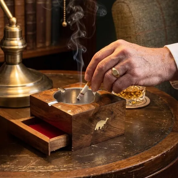 Wood_Brass_Inlay_Hidden_Drawer_Stainless_Steel_Bowl_Ashtray