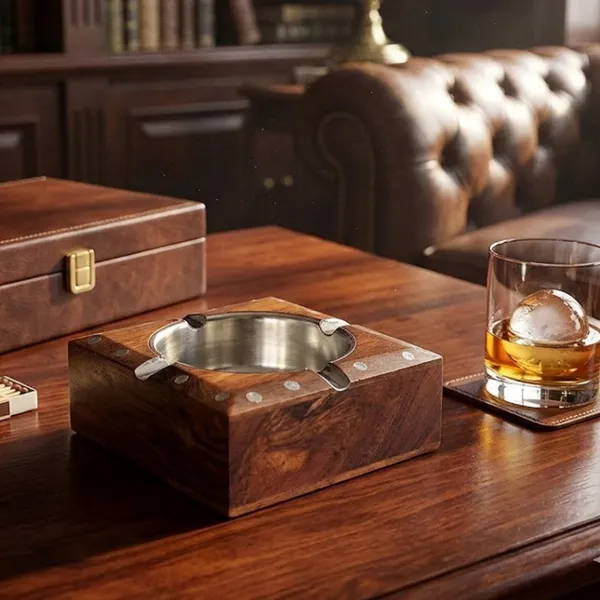 Wood_Brass_Inlay_Hidden_Drawer_Stainless_Steel_Bowl_Ashtray