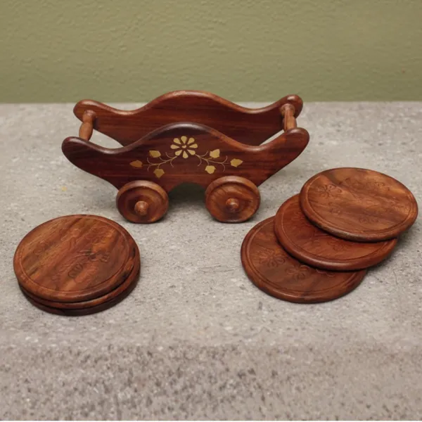 Sheesham_Wood_Cart_Holder_Floral_Brass_Inlay_Coaster_Set_Of_6
