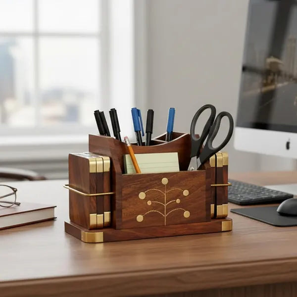 Sheesham_Wood_Brass_Inlay_Floral_Multi-Compartment_Pen_Holder