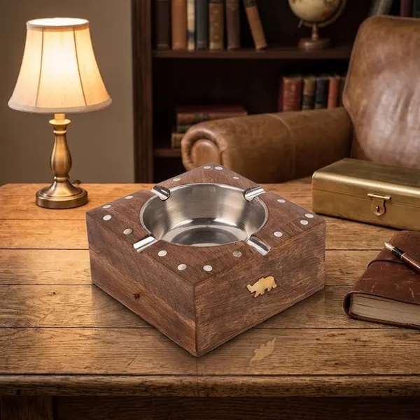 Wood_Brass_Inlay_Hidden_Drawer_Stainless_Steel_Bowl_Ashtray