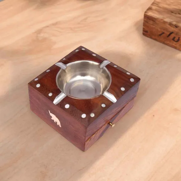 Wood_Brass_Inlay_Hidden_Drawer_Stainless_Steel_Bowl_Ashtray