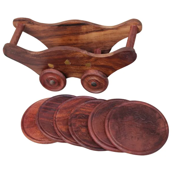 Sheesham_Wood_Cart_Holder_Floral_Brass_Inlay_Coaster_Set_Of_6