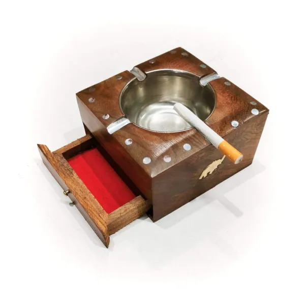 Wood_Brass_Inlay_Hidden_Drawer_Stainless_Steel_Bowl_Ashtray
