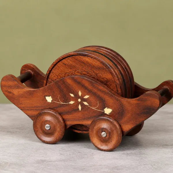 Sheesham_Wood_Cart_Holder_Floral_Brass_Inlay_Coaster_Set_Of_6