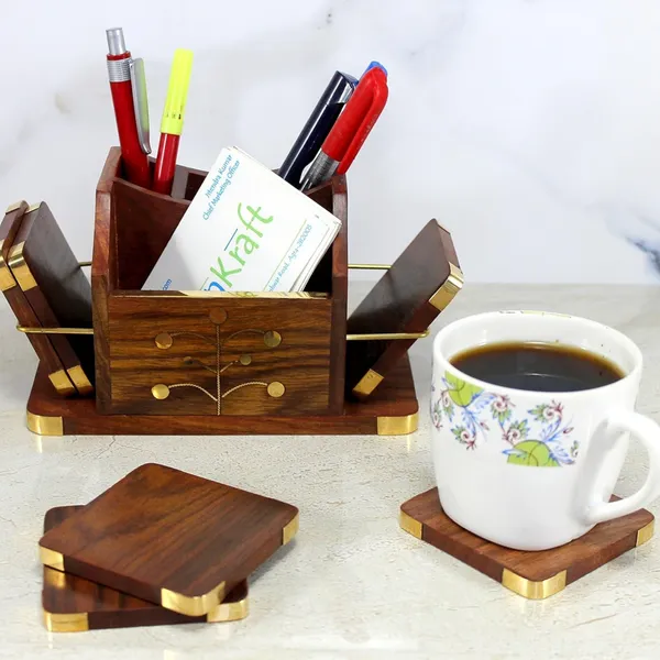 Sheesham_Wood_Brass_Inlay_Floral_Multi-Compartment_Pen_Holder