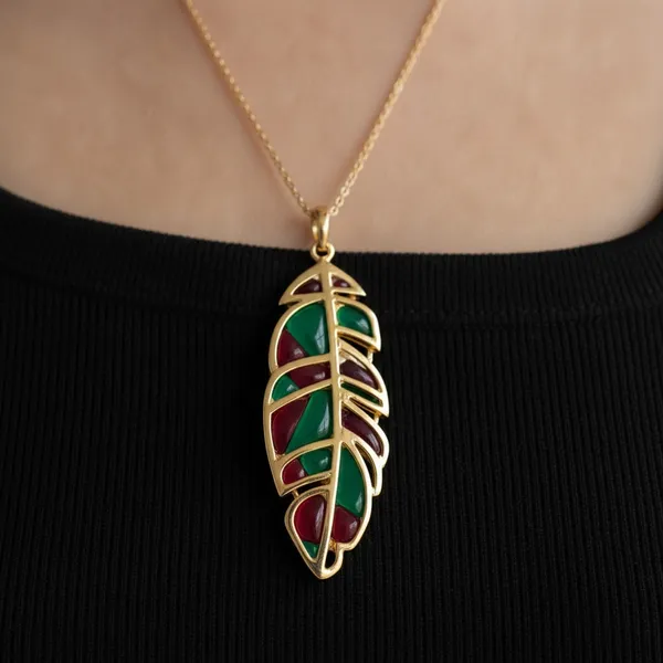 The_Chroma_Leaf_Pendant_Gold_Green_&_Red_Enamel_Leaf_Necklace