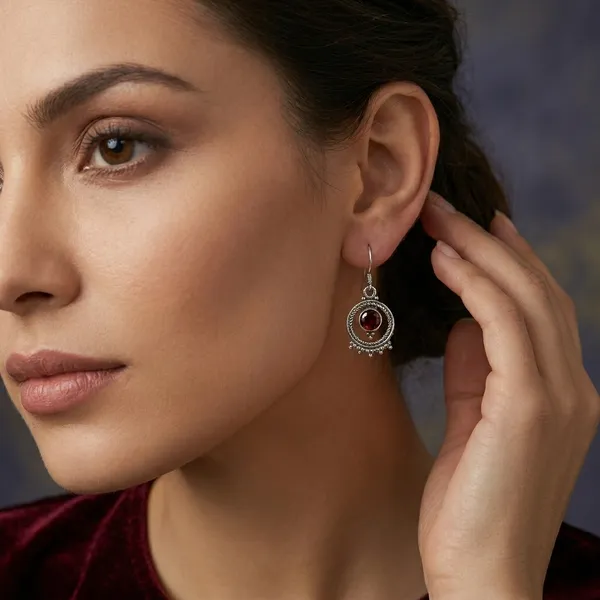 Garnet_Circle_Halo_925_Sterling_Silver_Earrings