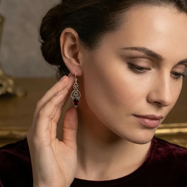 Garnet_Scroll_Crown_Drop_925_Sterling_Silver_Earrings