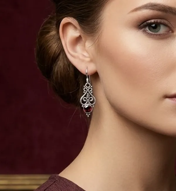 Garnet_Double_Scroll_Drop_925_Sterling_Silver_Earrings