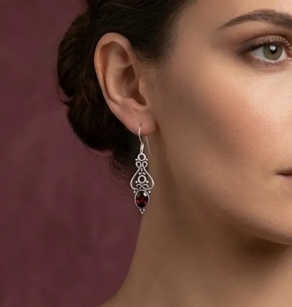 Garnet_Scroll_Crown_Drop_925_Sterling_Silver_Earrings